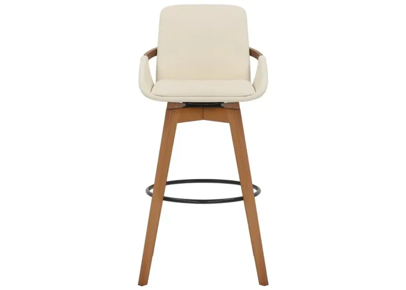 30 Inch Leatherette Swivel Barstool, Cream and Walnut - Benzara