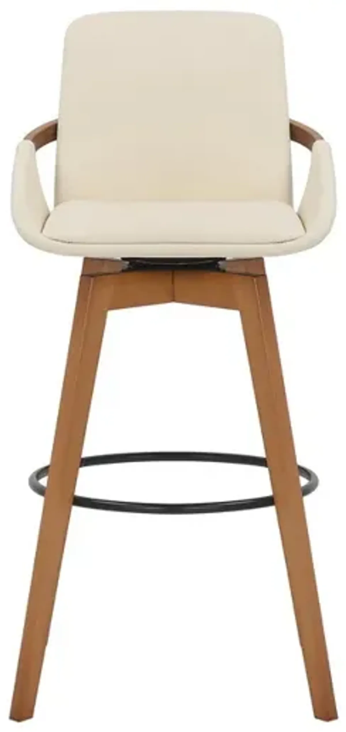 30 Inch Leatherette Swivel Barstool, Cream and Walnut - Benzara