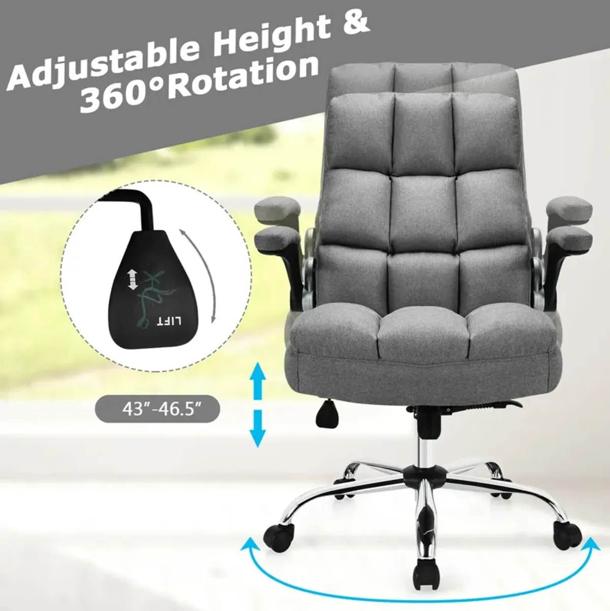 Costway Costway High Back Big & Tall Office Chair Adjustable Swivel w/Flip-up Arm Grey