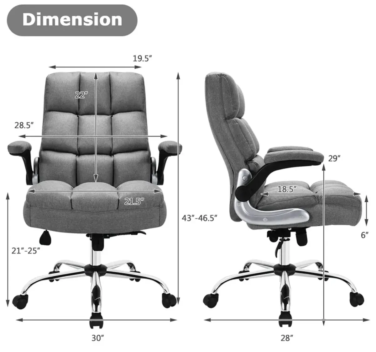 Costway Costway High Back Big & Tall Office Chair Adjustable Swivel w/Flip-up Arm Grey