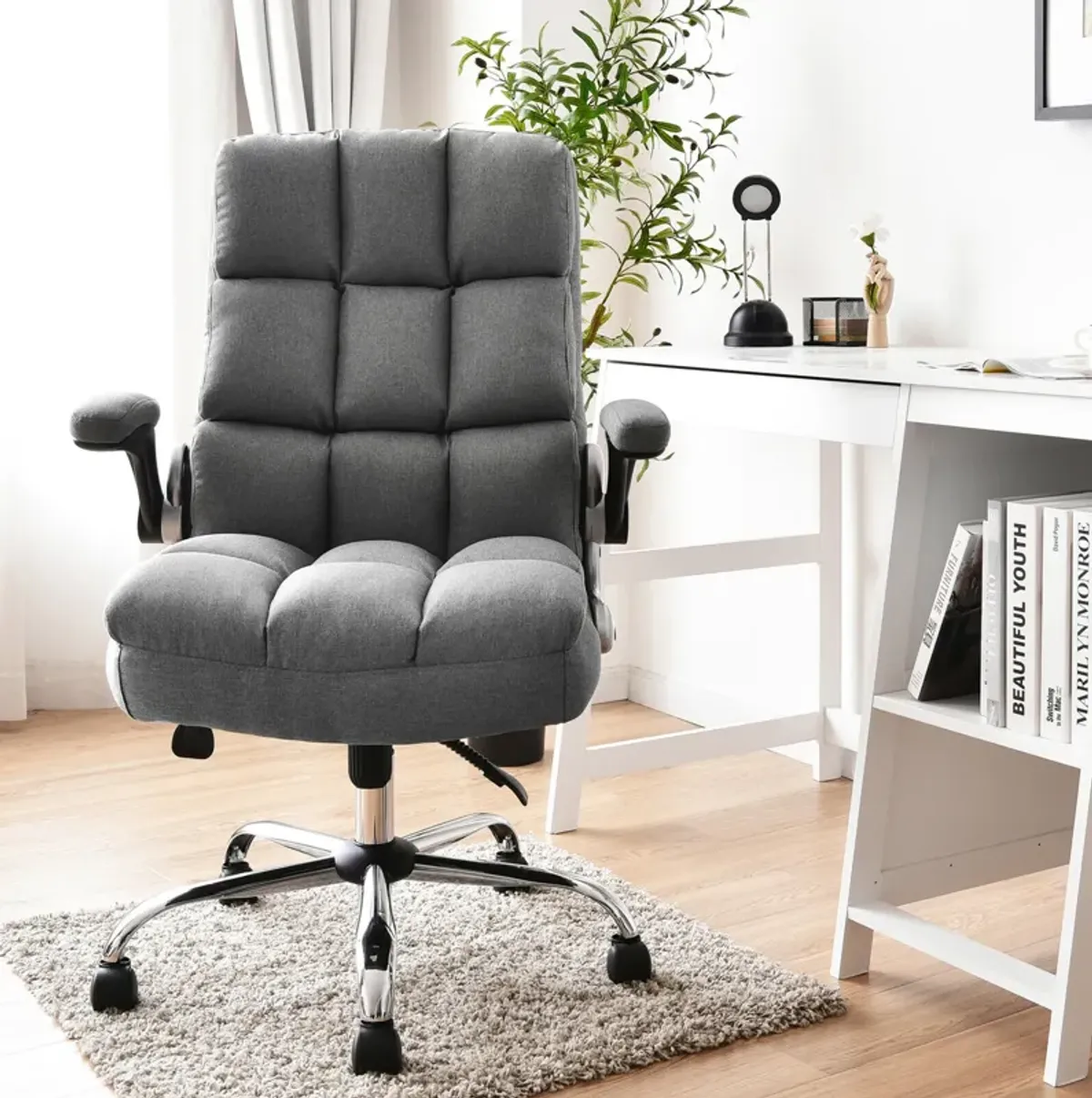 Costway Costway High Back Big & Tall Office Chair Adjustable Swivel w/Flip-up Arm Grey