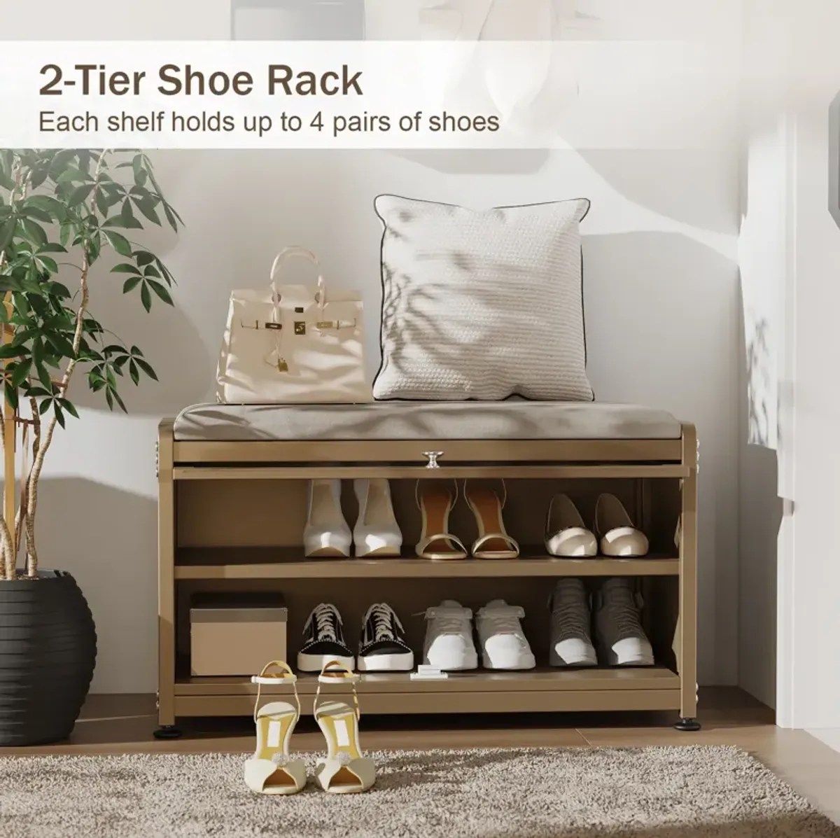 Mega Casa Shoe Storage Cabinet with 2 Tier Shoe Rack, Entryway Bench with Cushion, Metal