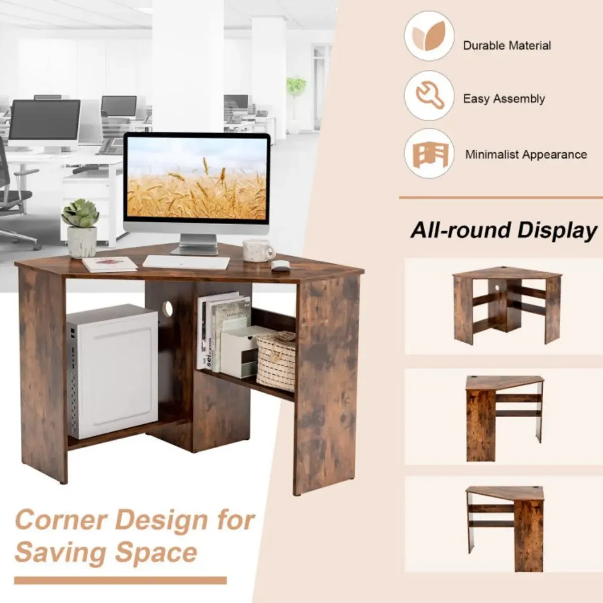 Hivvago Corner Computer Desk Triangle Writing Workstation with Storage Shelf