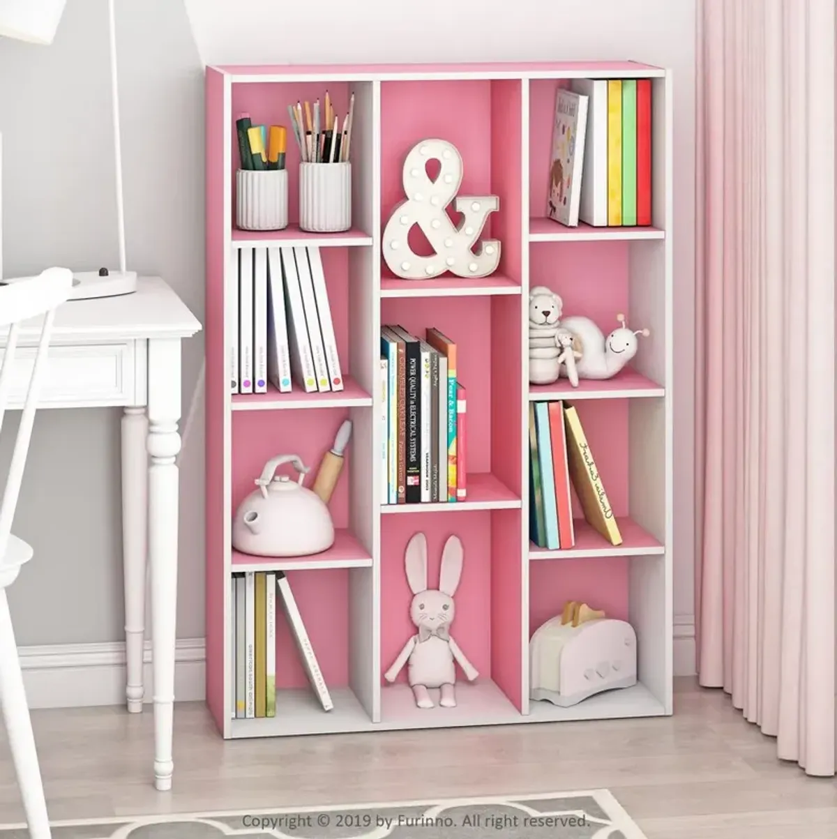 Furinno 11-Cube Reversible Open Shelf Bookcase, White/Pink