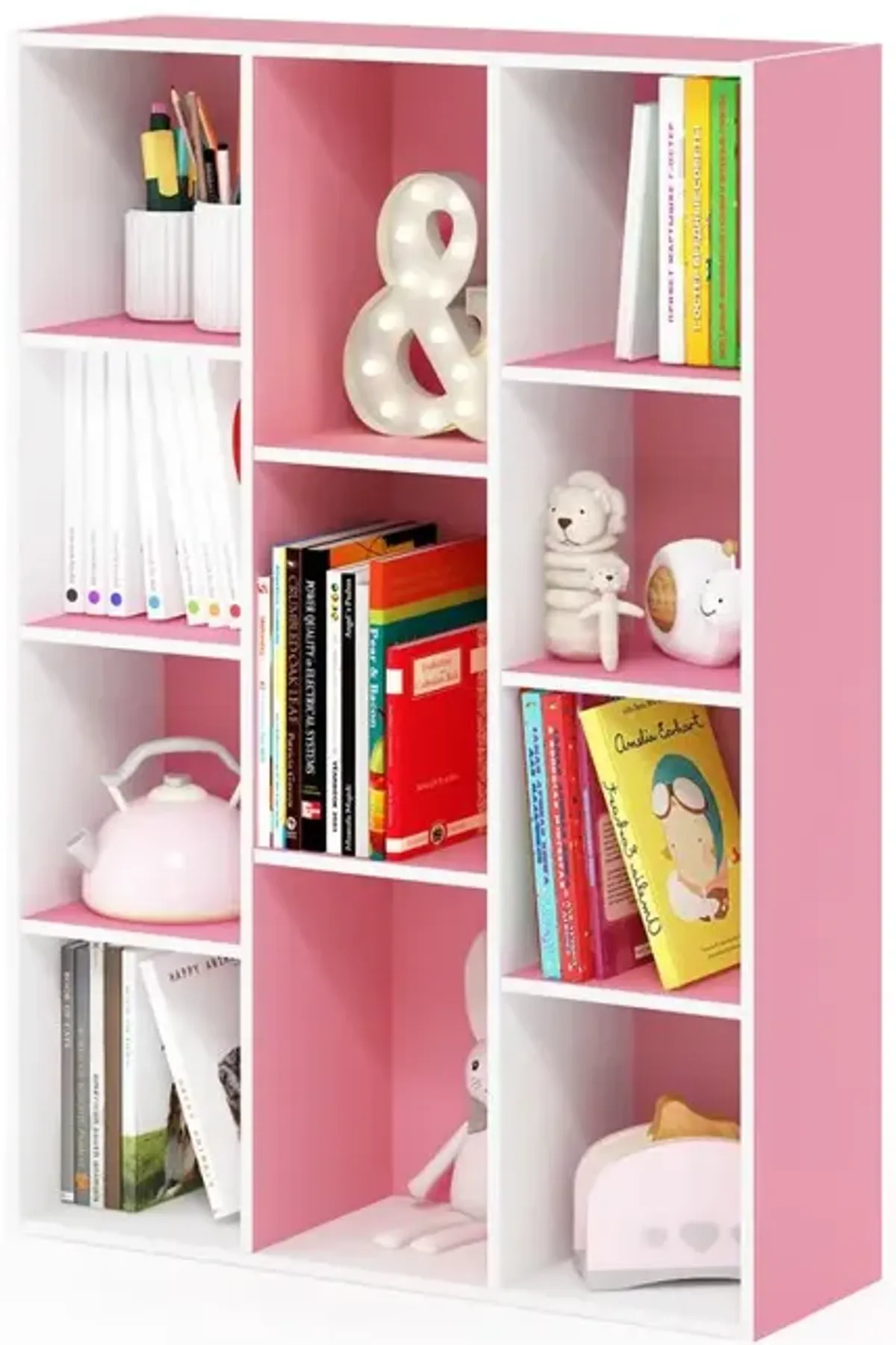 Furinno 11-Cube Reversible Open Shelf Bookcase, White/Pink