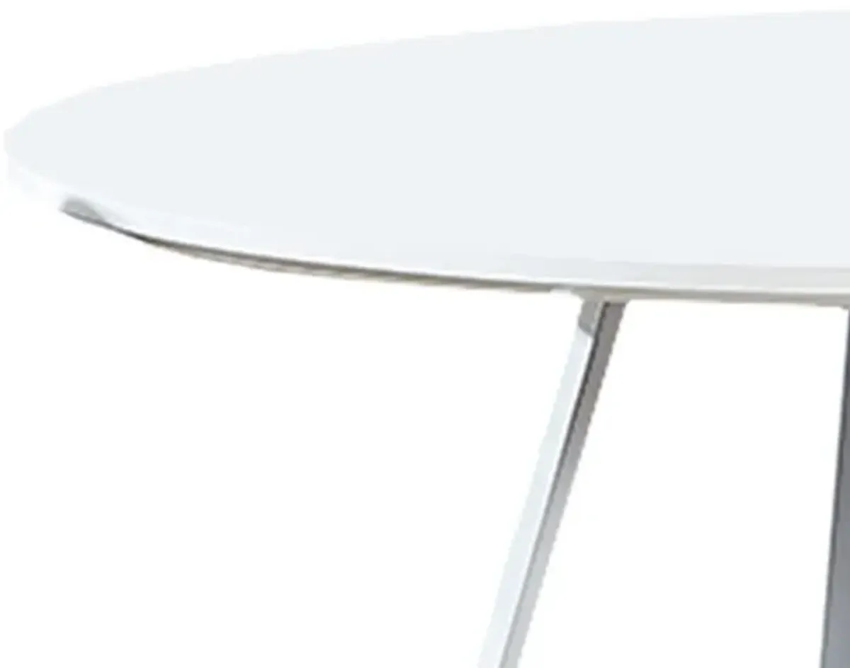 43 Inch Dining Table, Round High Gloss White Top and Angled Metal Legs - Benzara