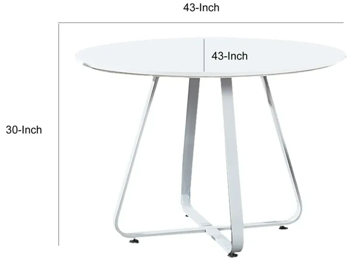 43 Inch Dining Table, Round High Gloss White Top and Angled Metal Legs - Benzara