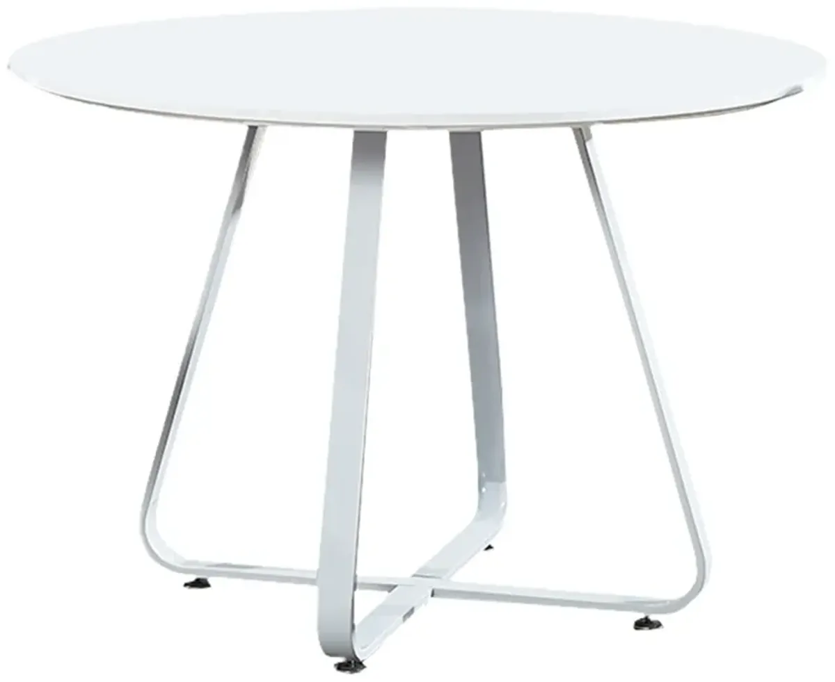 43 Inch Dining Table, Round High Gloss White Top and Angled Metal Legs - Benzara