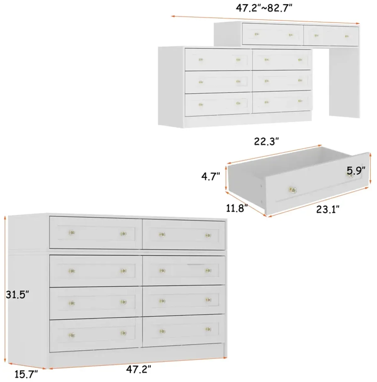 FUFU&GAGA White 8-Drawer Standard Dresser,(47.2" W x 15.7" D x 31.5" H), White