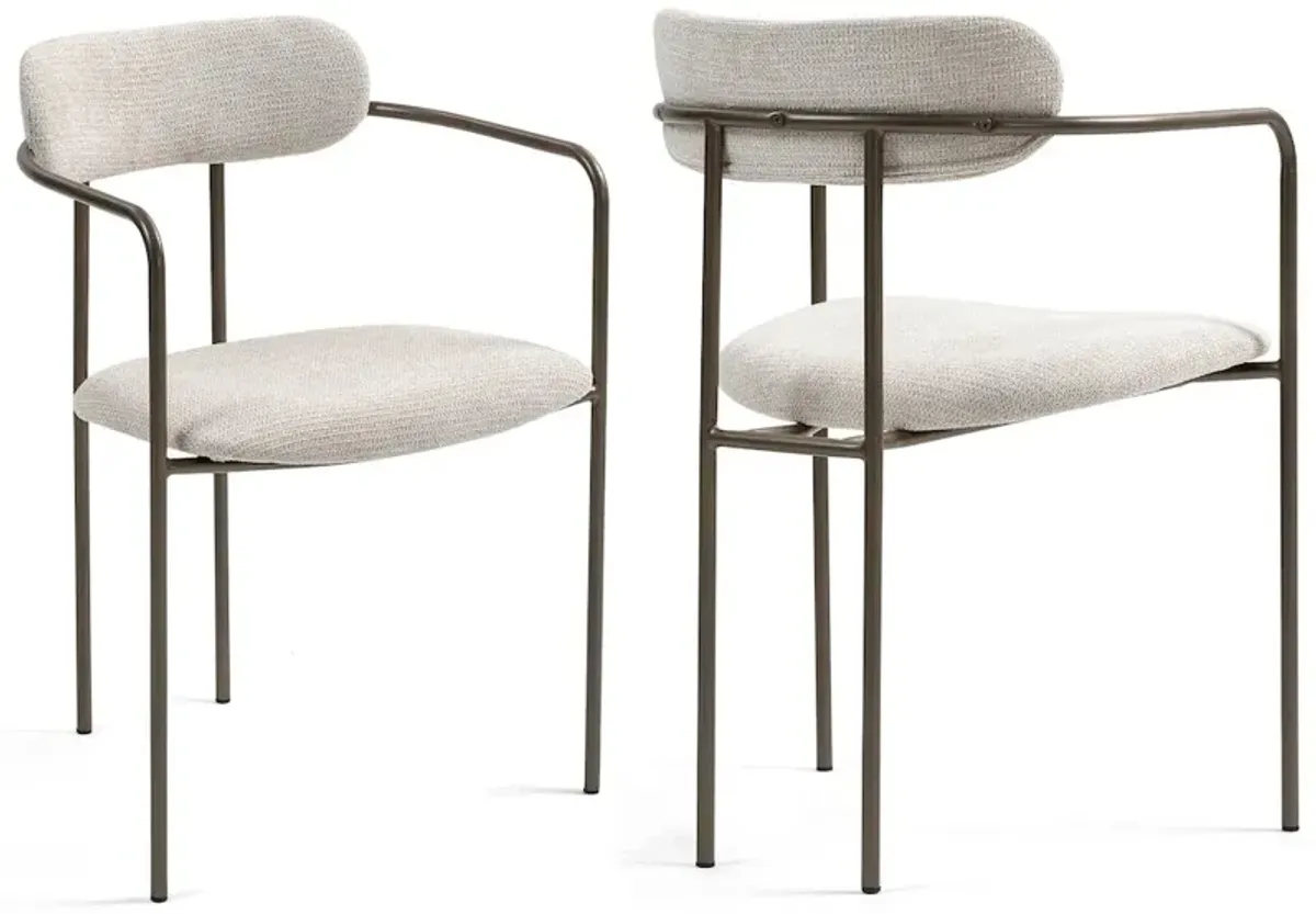 Glamour Home Set of 2 Beige Woven Upholstered Fabric Dining Chair Brown Iron Arms and Legs