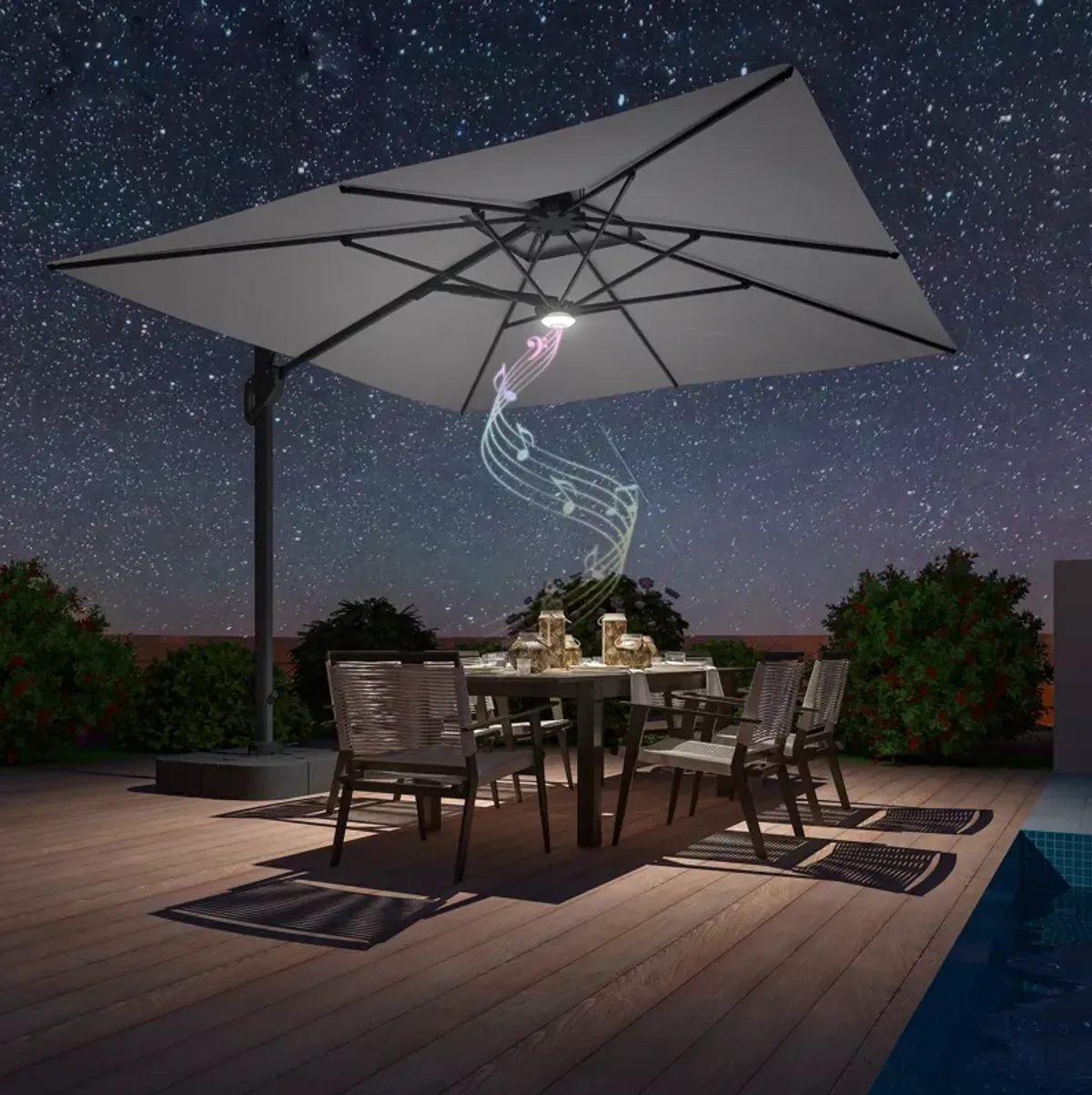 MONDAWE 10ft Square Solar LED Offset Cantilever Outdoor Patio Umbrella with Built-in Bluetooth Speaker