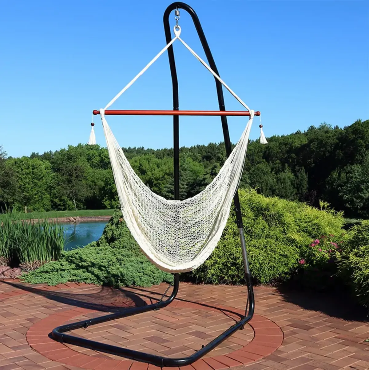 Sunnydaze Extra Large Rope Hammock Chair with Adjustable Stand - Cream