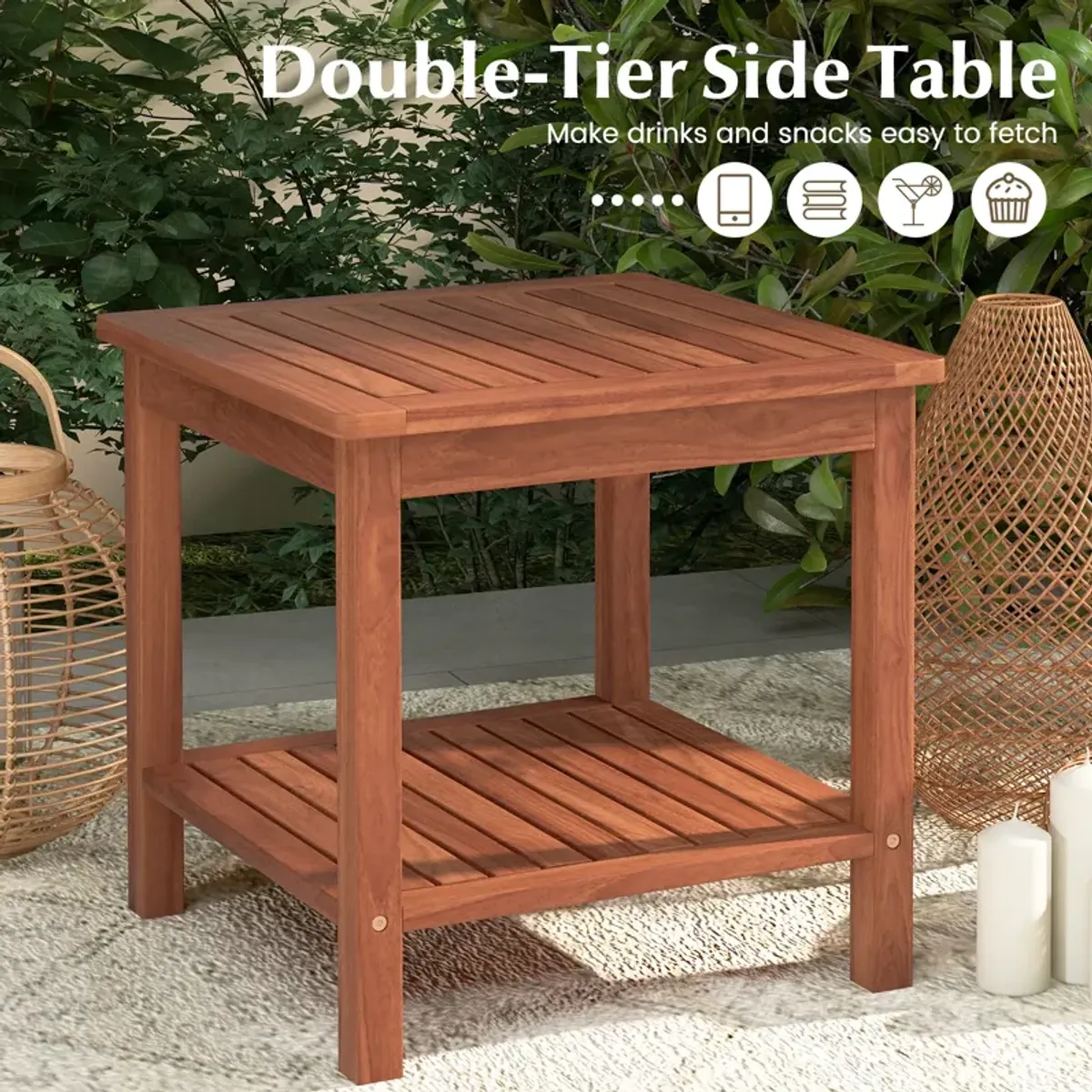 Double-Tier Acacia Wood Patio Side Table with Slatted Tabletop and Shelf