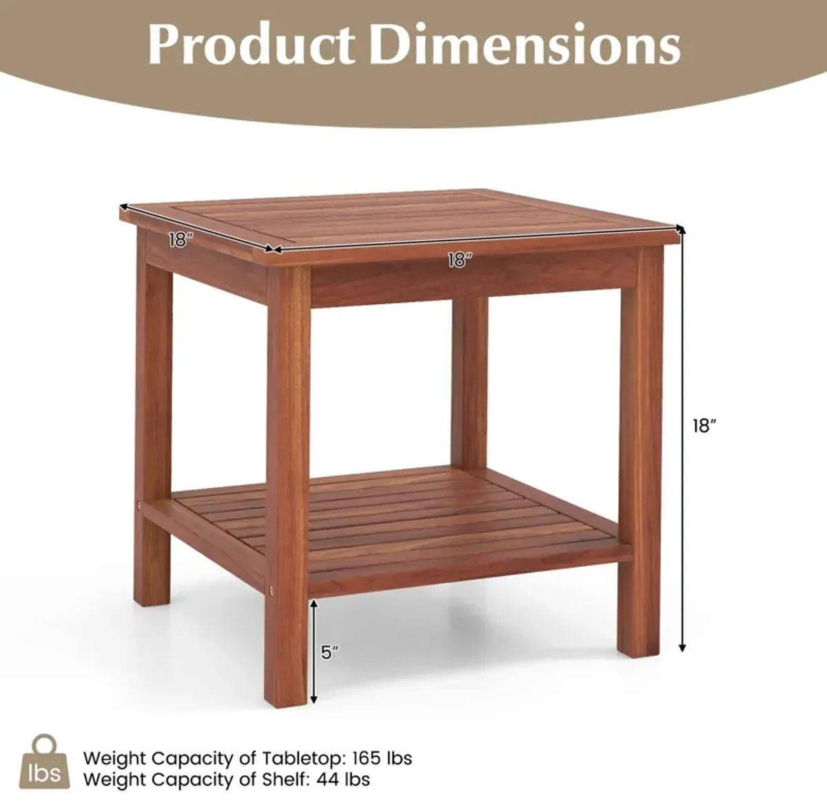 Double-Tier Acacia Wood Patio Side Table with Slatted Tabletop and Shelf