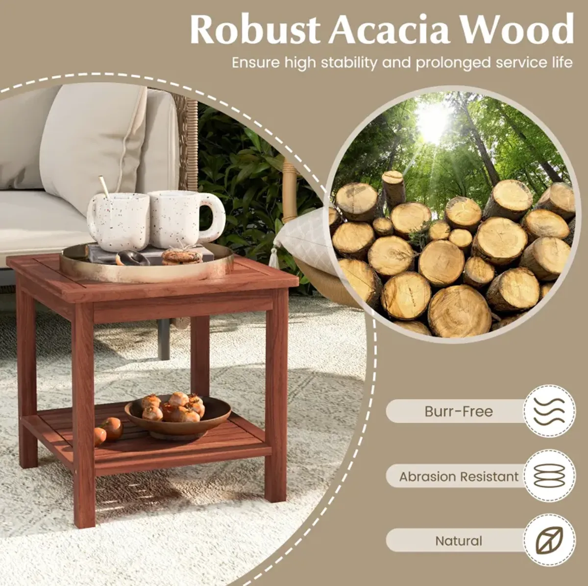 Double-Tier Acacia Wood Patio Side Table with Slatted Tabletop and Shelf