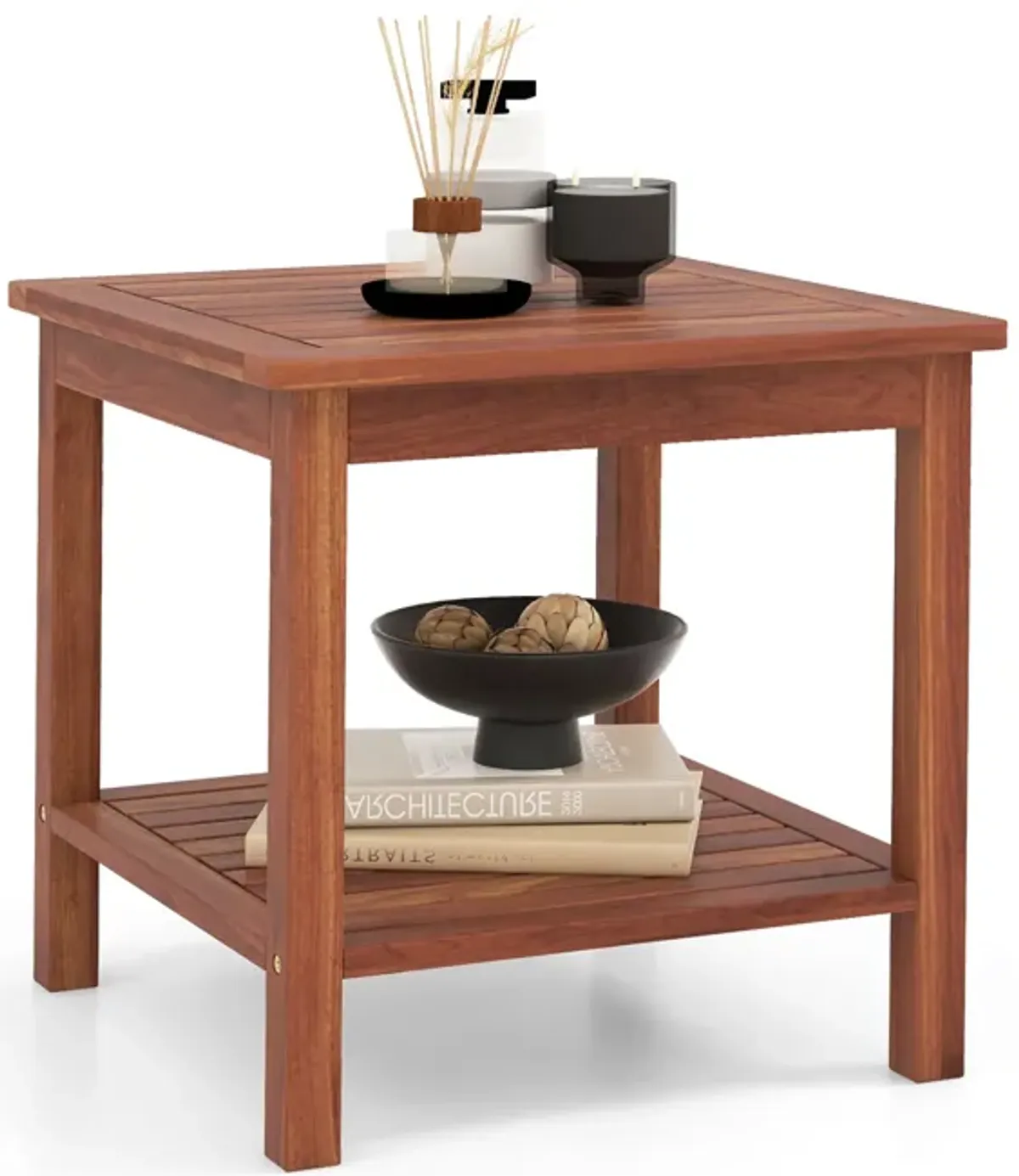 Double-Tier Acacia Wood Patio Side Table with Slatted Tabletop and Shelf