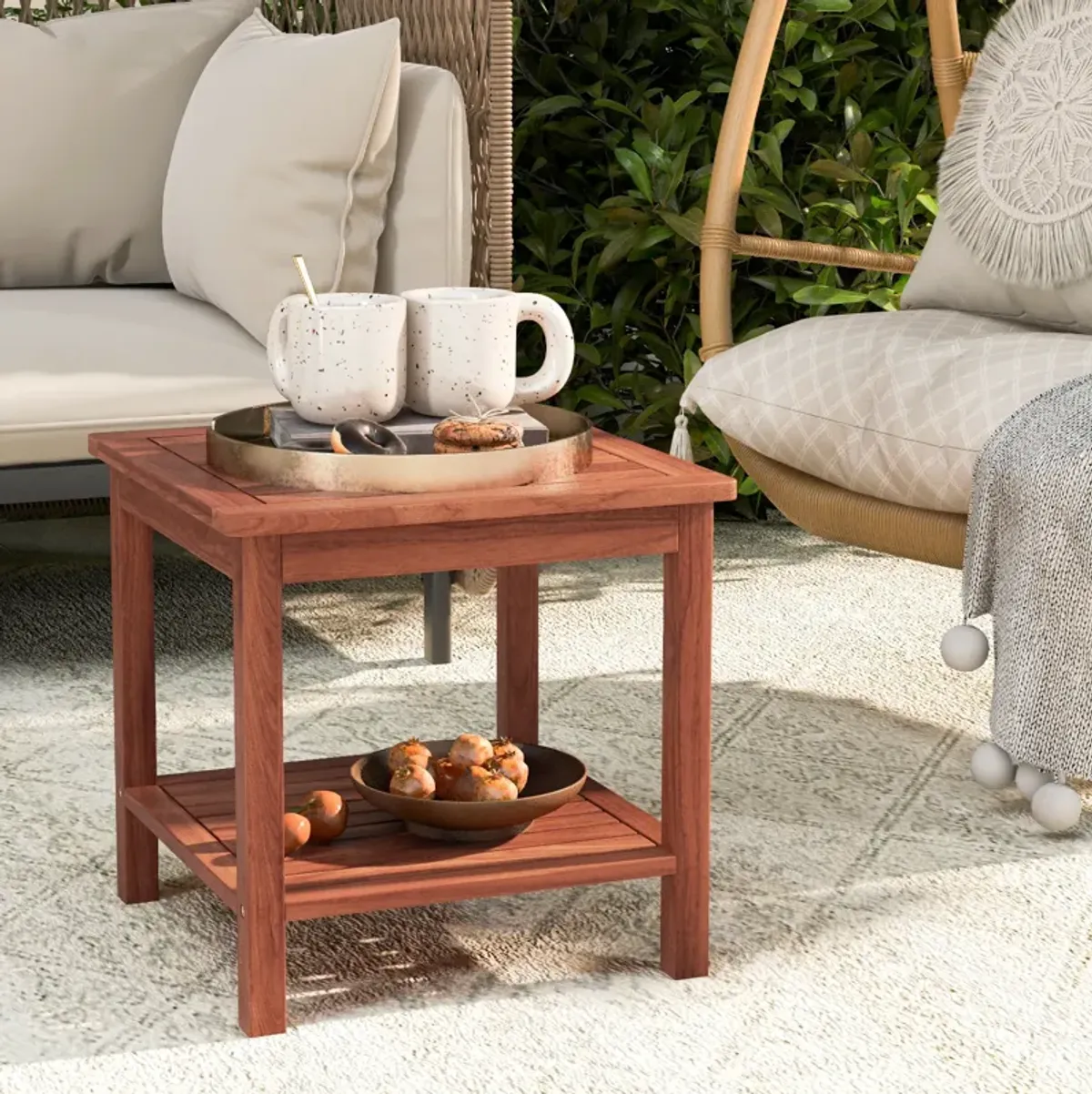 Double-Tier Acacia Wood Patio Side Table with Slatted Tabletop and Shelf