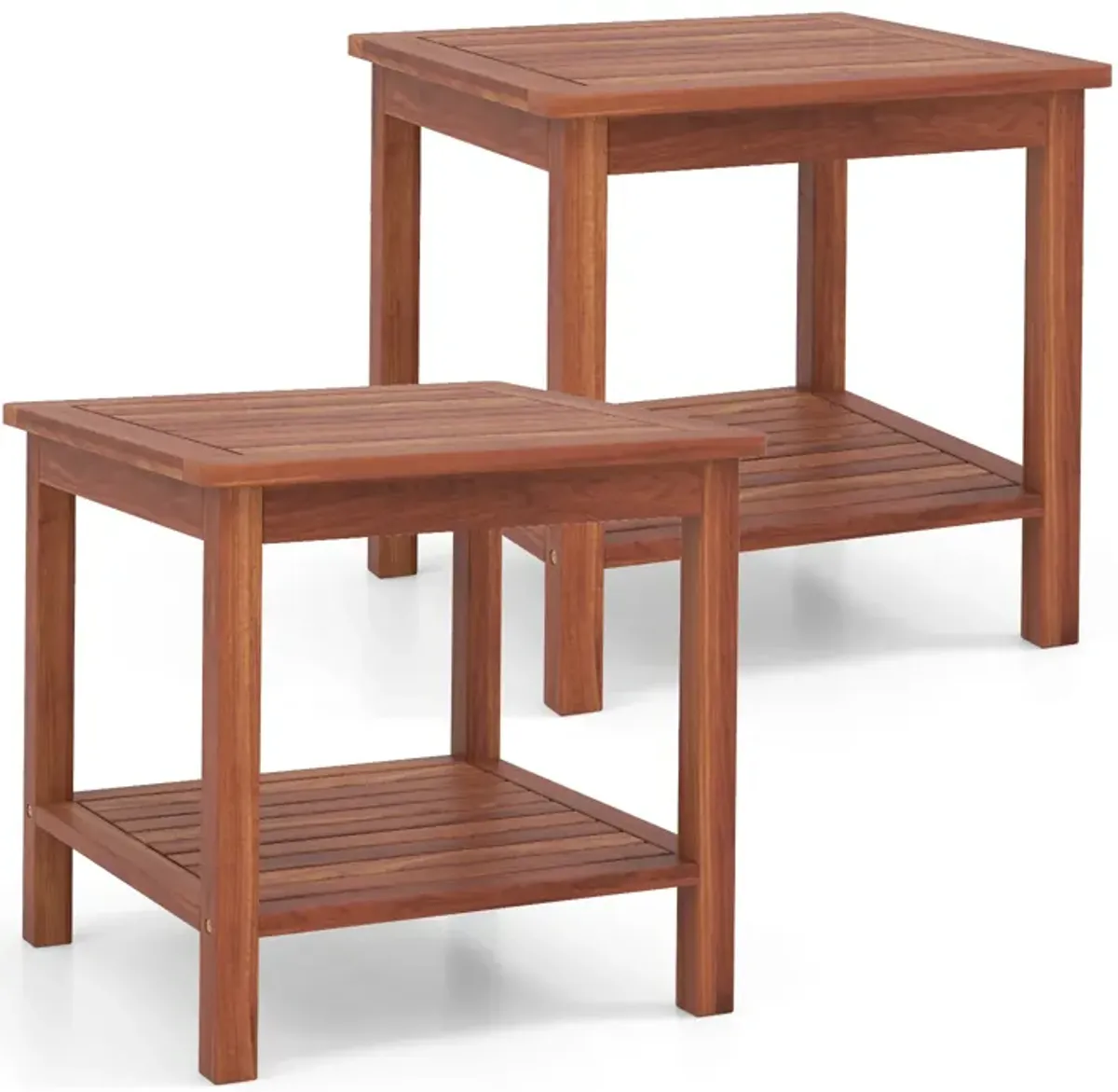 Double-Tier Acacia Wood Patio Side Table with Slatted Tabletop and Shelf