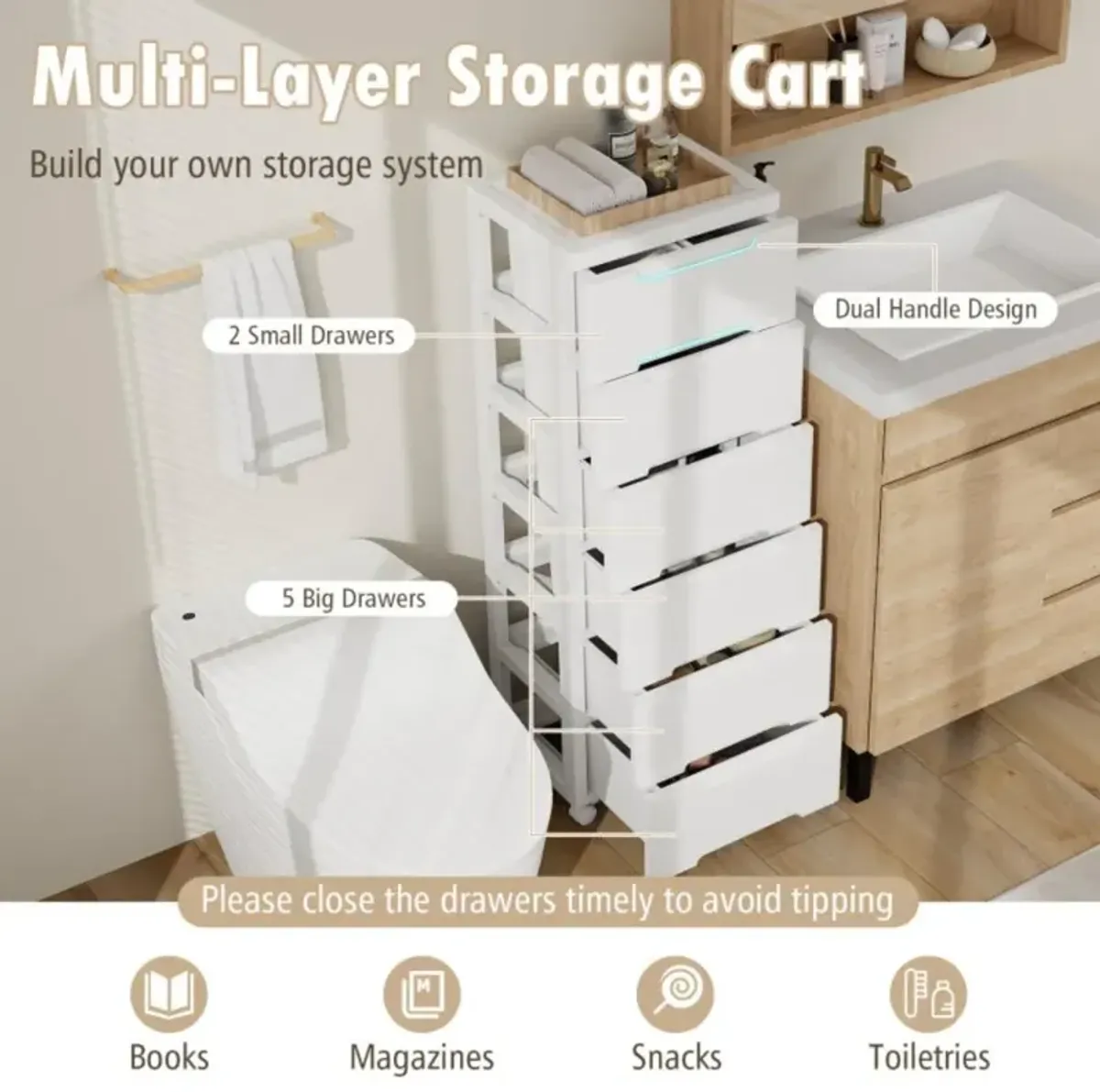 Hivvago Rolling Storage Cabinet with Universal Wheels and Drawers