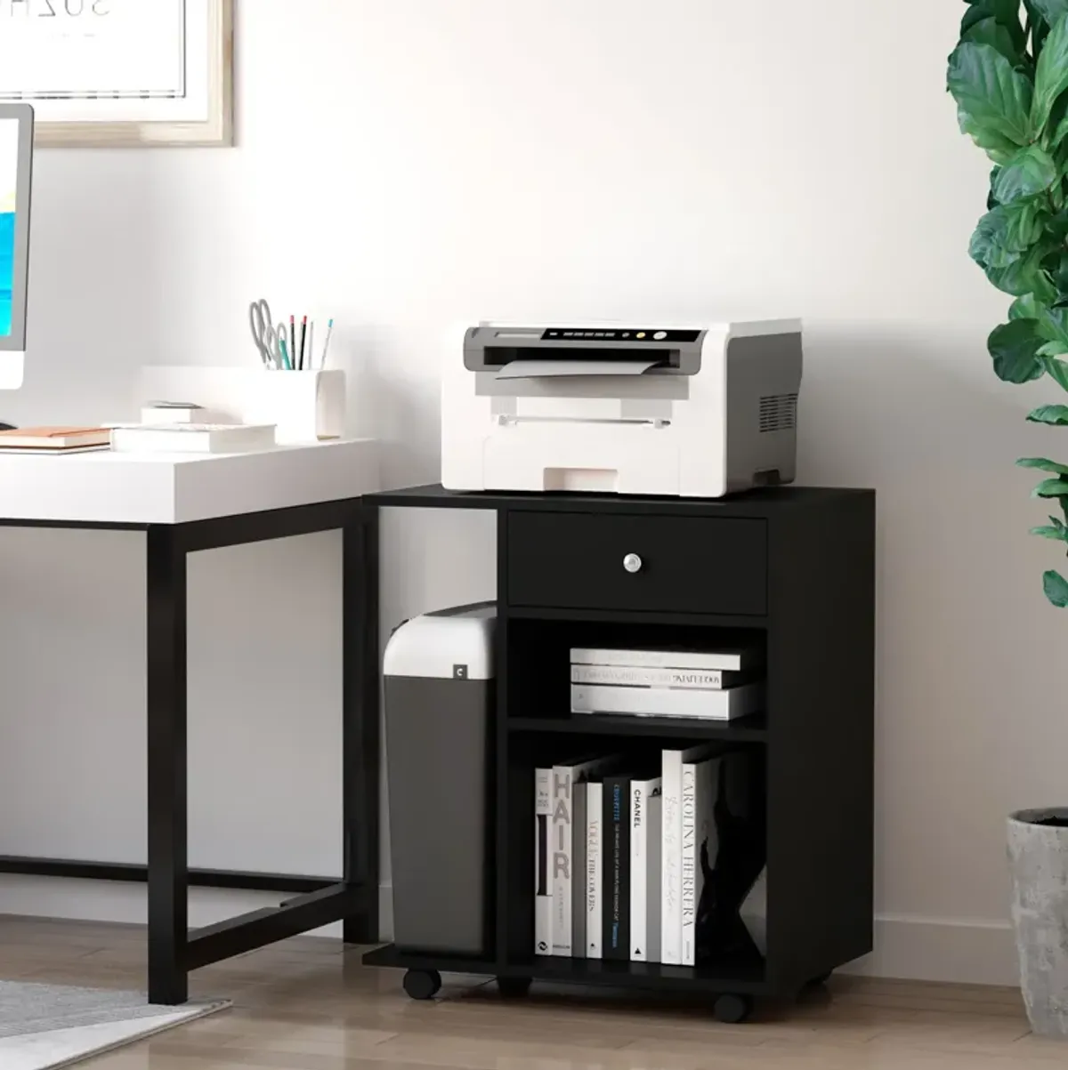 Black Office Helper: Mobile File Cabinet/Printer Stand with CPU Holder