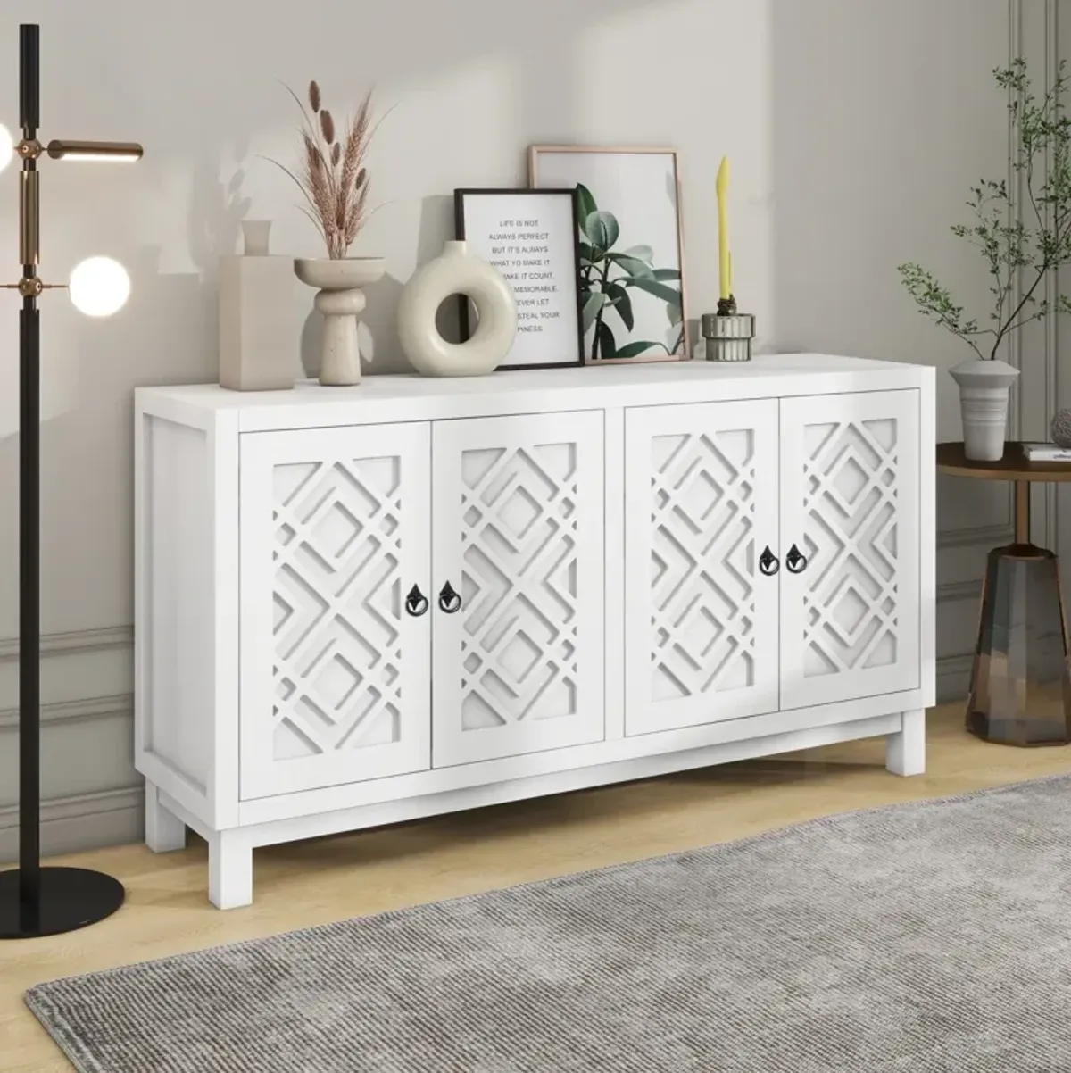 Large Storage Space Sideboard, 4 Door Buffet Cabinet With Pull Ring Handles For Living Room