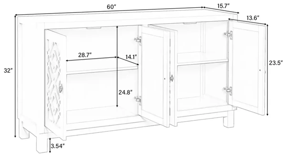 Large Storage Space Sideboard, 4 Door Buffet Cabinet With Pull Ring Handles For Living Room