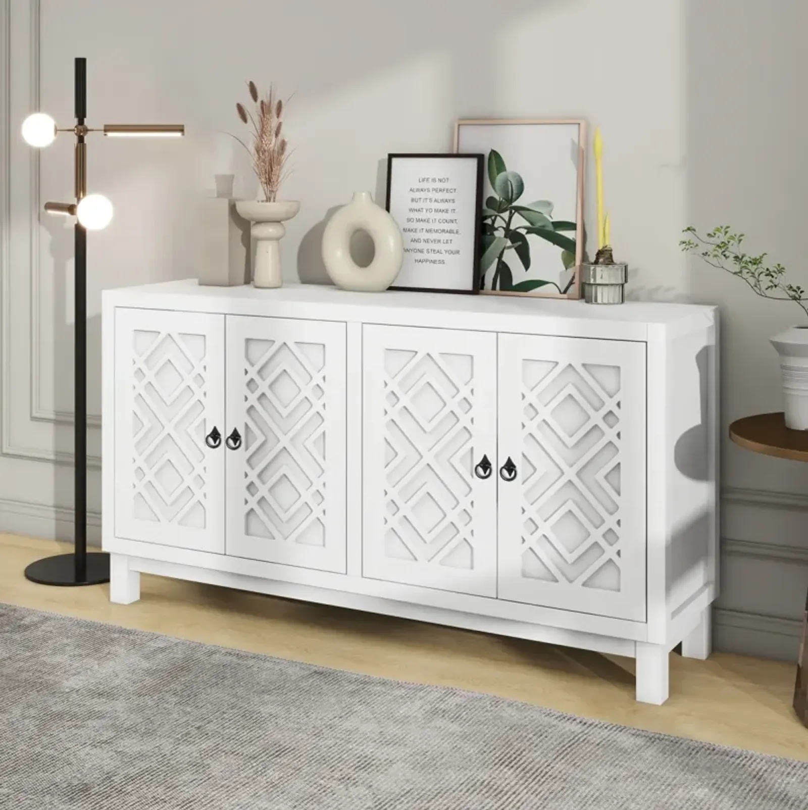 Large Storage Space Sideboard, 4 Door Buffet Cabinet With Pull Ring Handles For Living Room