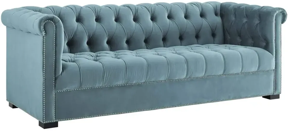 Modway Heritage Tufted Performance Velvet Upholstered Chesterfield Sofa with Nailhead Trim in Sea Blue