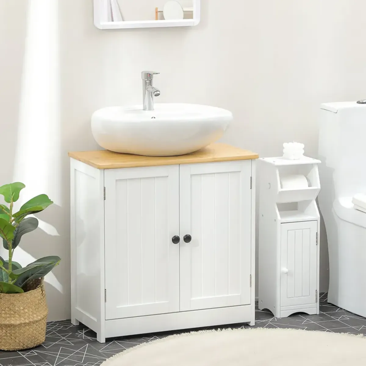 White Bathroom Storage: Under Sink Vanity Cabinet with 2 Doors