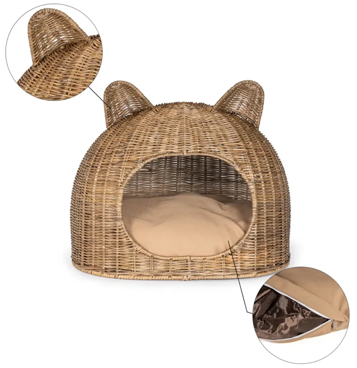 Cat Ear Coastal Handwoven Rattan Cat Bed with Machine-Washable Cushion