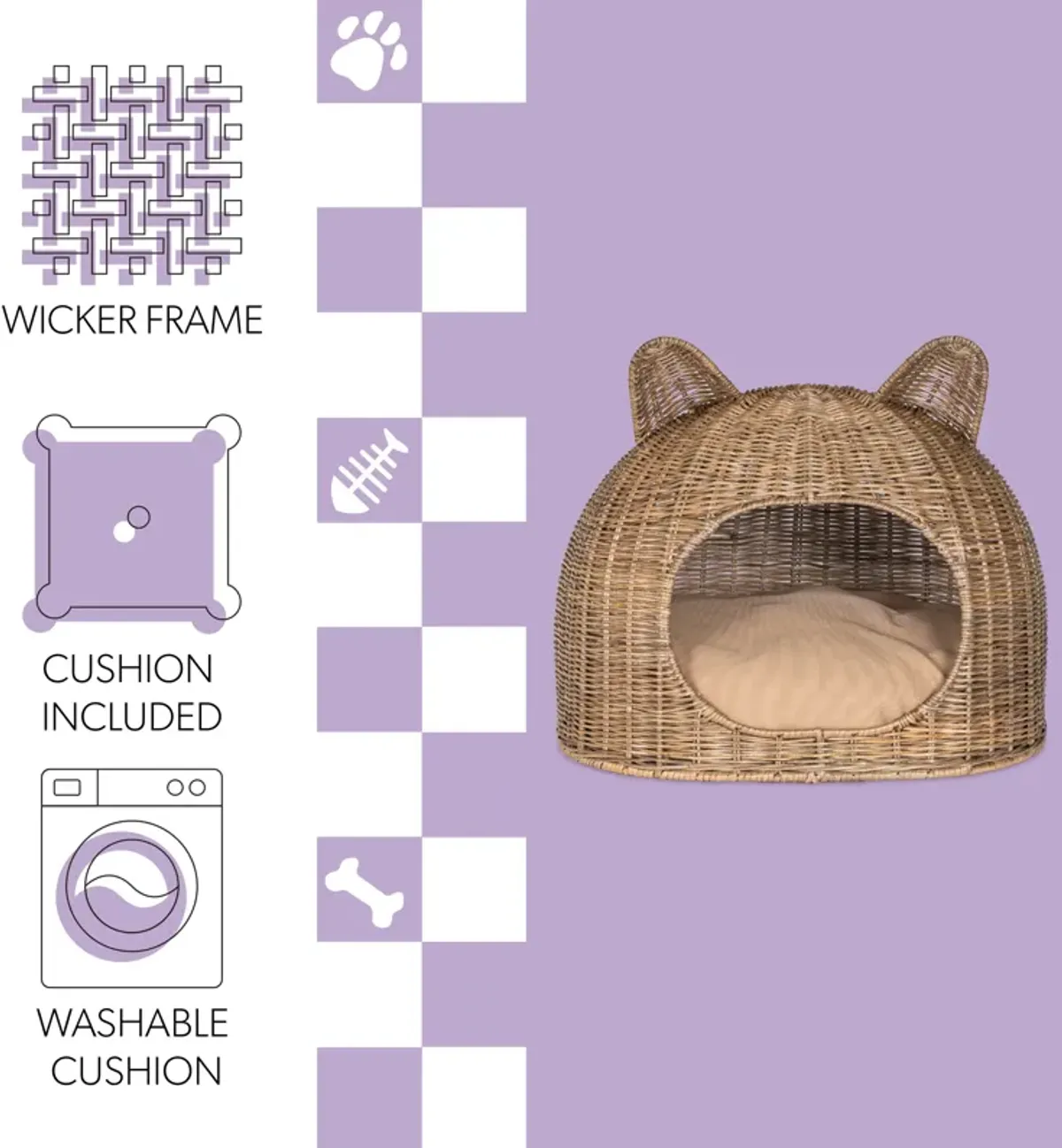 Cat Ear Coastal Handwoven Rattan Cat Bed with Machine-Washable Cushion