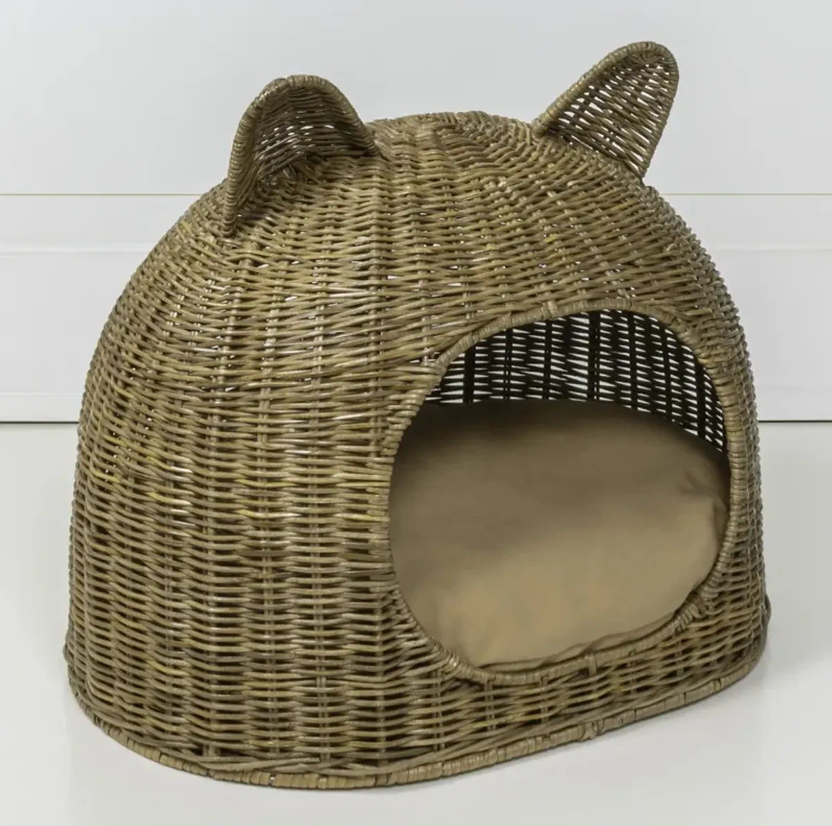 Cat Ear Coastal Handwoven Rattan Cat Bed with Machine-Washable Cushion