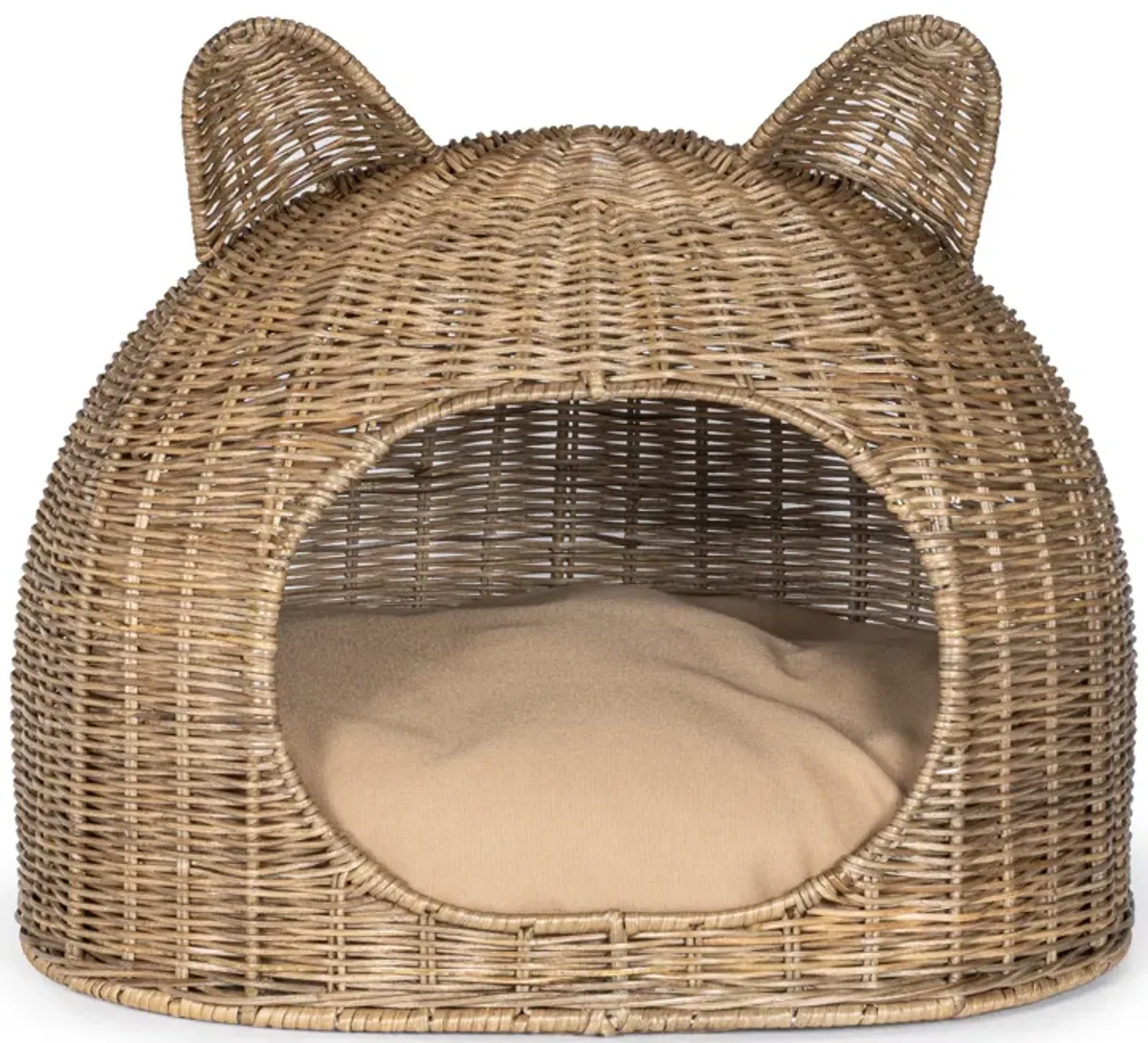 Cat Ear Coastal Handwoven Rattan Cat Bed with Machine-Washable Cushion