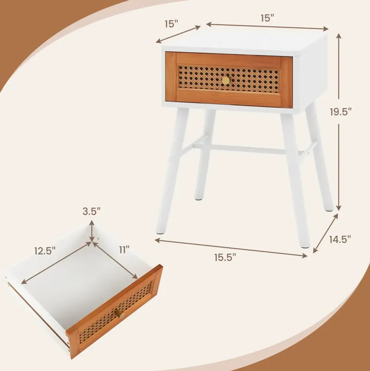 Rattan Nightstand Mid Century Modern Accent Table with Drawer