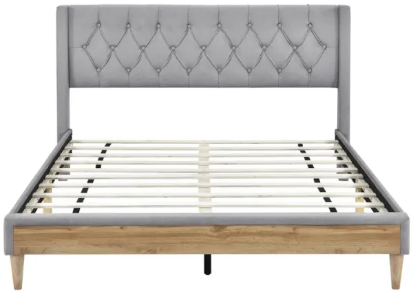 Upholstered Platform Bed with Rubber Wood Legs, No Box Spring Needed, Linen Fabric, Queen