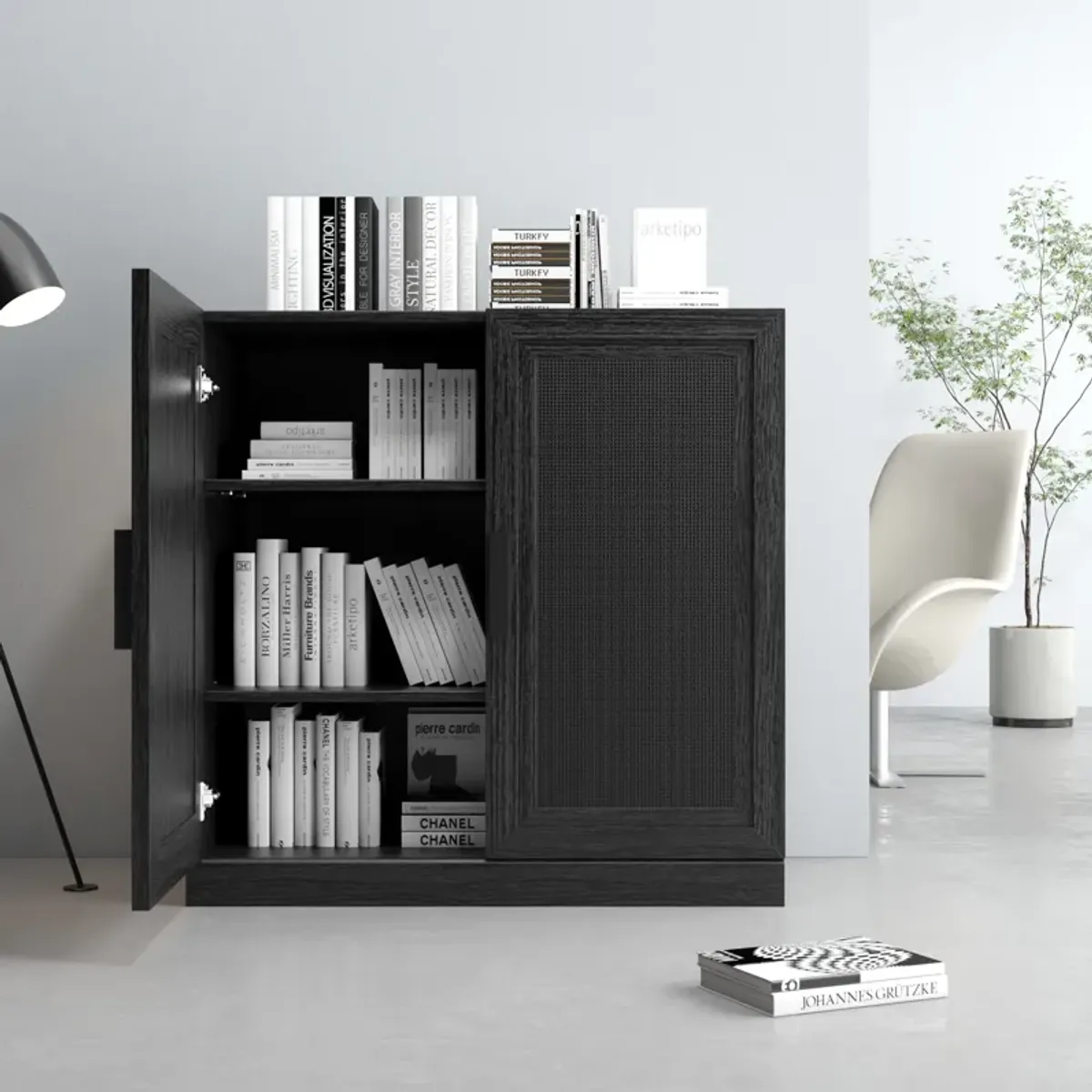 Black Wood Grain Buffet Cabinet, Storage Organizer with Adjustable Shelves and Rattan Doors