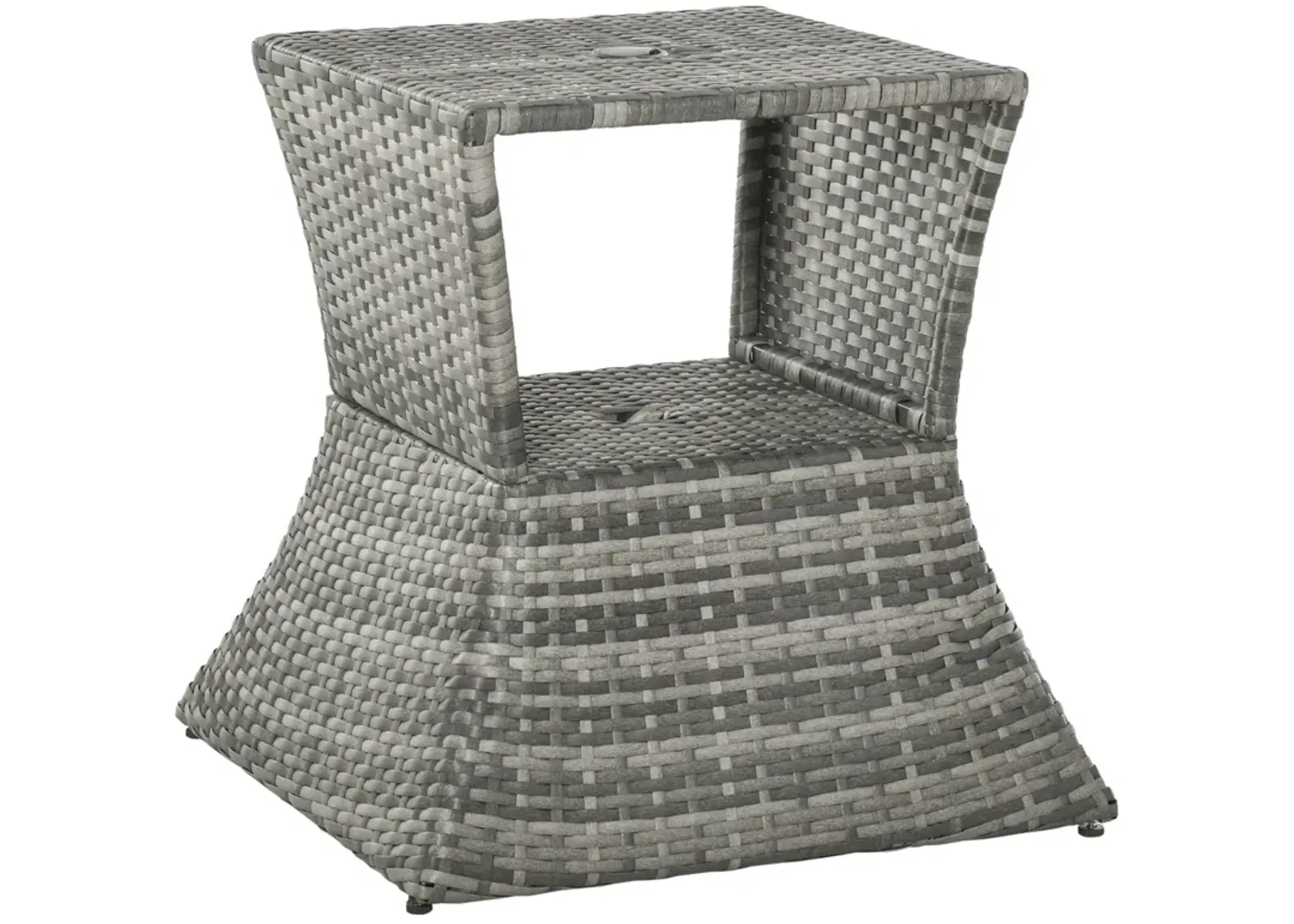 Gray Garden Side Table: 2-Tier Rattan Bistro Table with Umbrella Hole