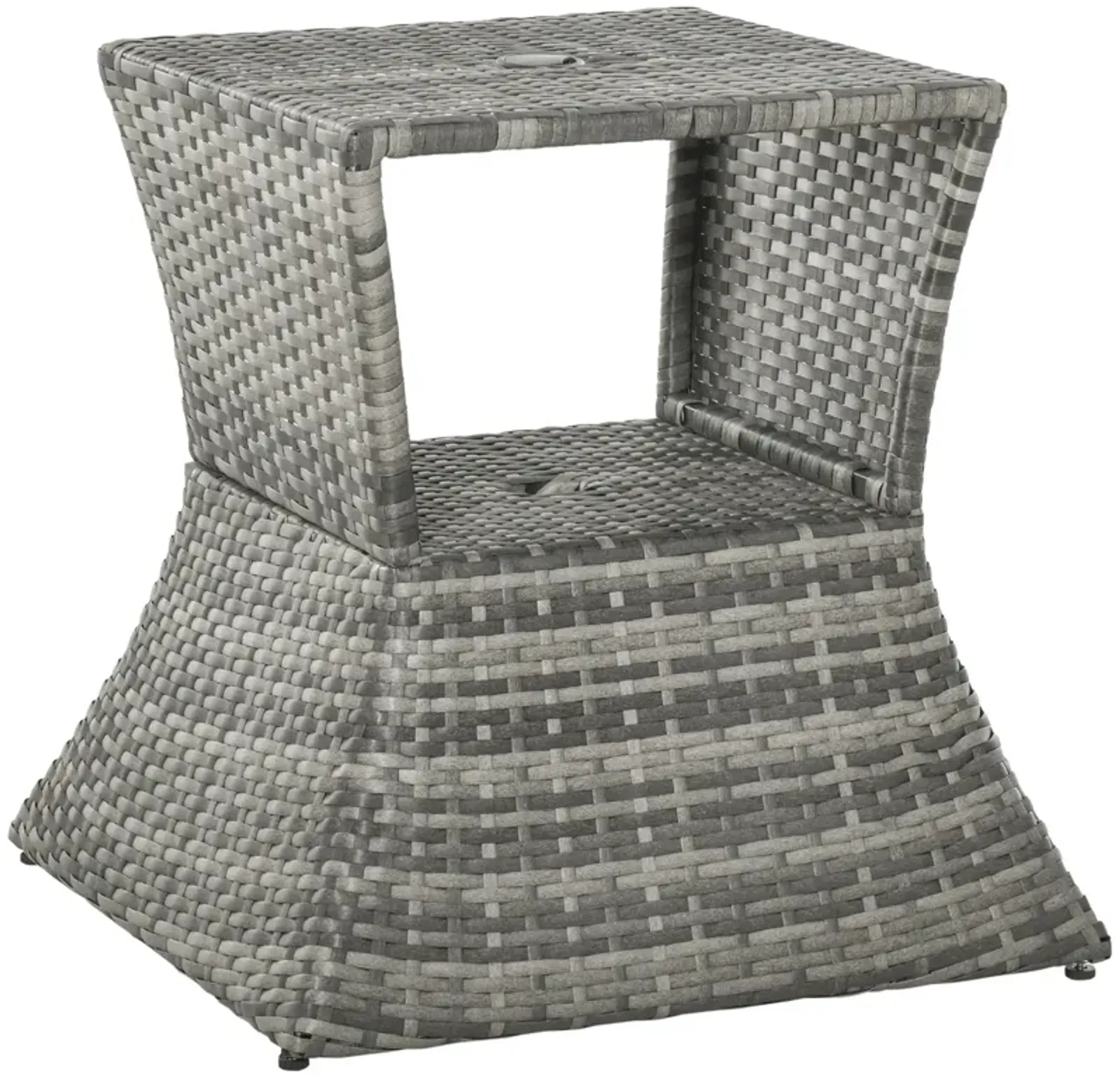 Gray Garden Side Table: 2-Tier Rattan Bistro Table with Umbrella Hole