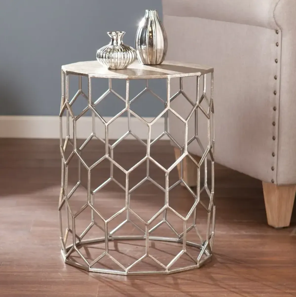 Hivvago 18" Antiqued Gold Honeycomb Hexagonal End Table