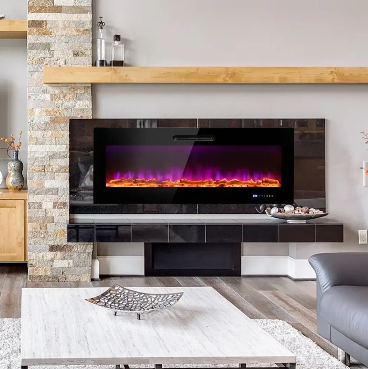 Wall Mounted Recessed Electric Fireplace with Decorative Crystal and Log