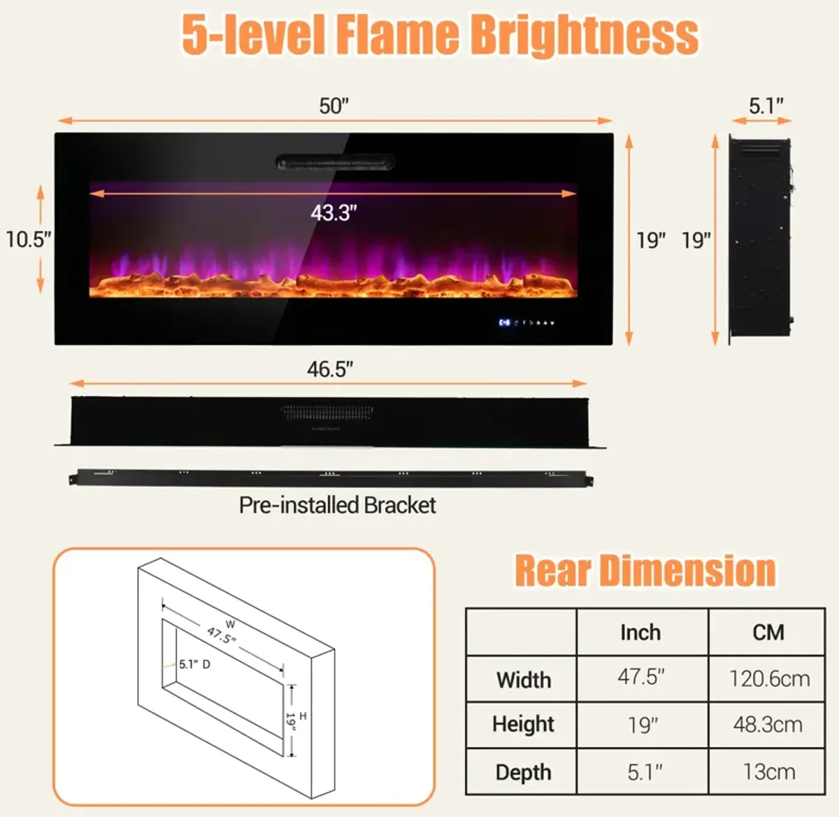 Wall Mounted Recessed Electric Fireplace with Decorative Crystal and Log