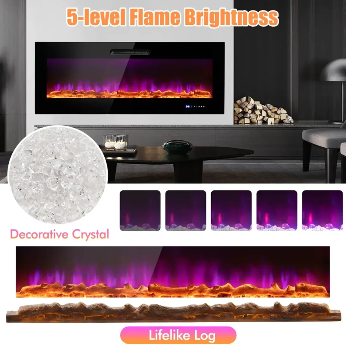 Wall Mounted Recessed Electric Fireplace with Decorative Crystal and Log