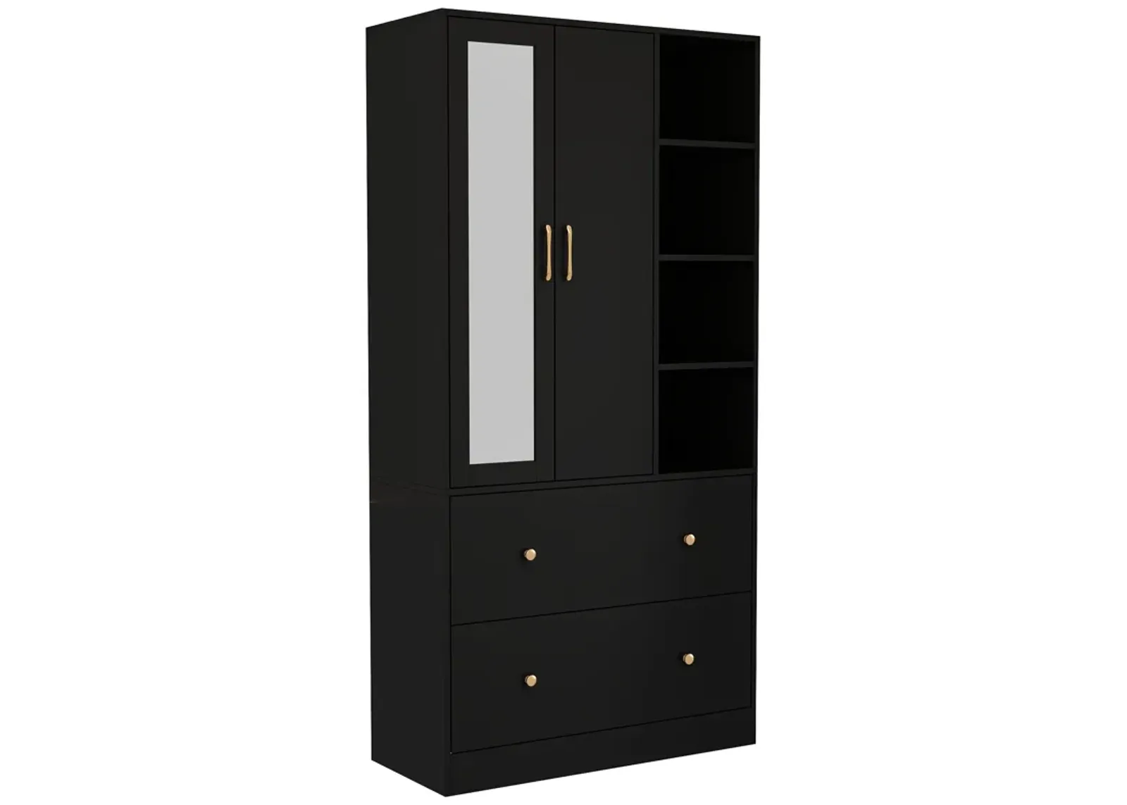 Black Wood 35.5 in. W Armoires Wardrobe With Mirror, Pulling Hanging Rod, Drawers, Shelves 15.8 in. D x 70.8 in. H