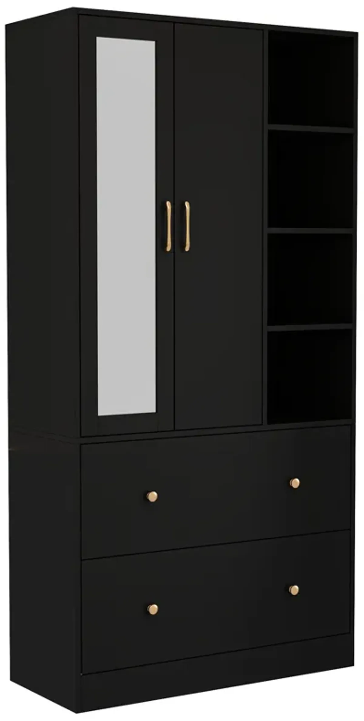 Black Wood 35.5 in. W Armoires Wardrobe With Mirror, Pulling Hanging Rod, Drawers, Shelves 15.8 in. D x 70.8 in. H