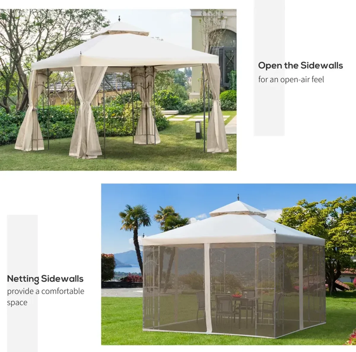 Cream Outdoor Entertaining: 10x10 Steel Gazebo with Mesh Curtains & Shelves