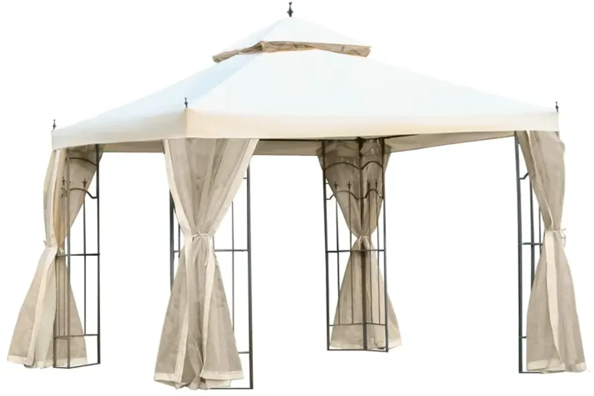 Cream Outdoor Entertaining: 10x10 Steel Gazebo with Mesh Curtains & Shelves