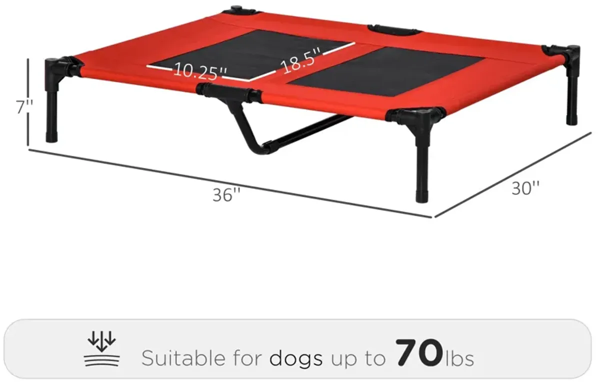 Canine Cooling Station: 36"x30" Red Elevated Mesh Dog Bed for Summer