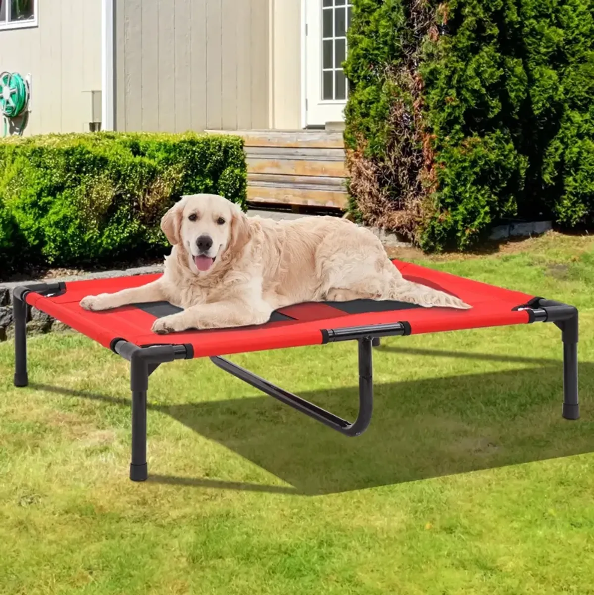 Canine Cooling Station: 36"x30" Red Elevated Mesh Dog Bed for Summer