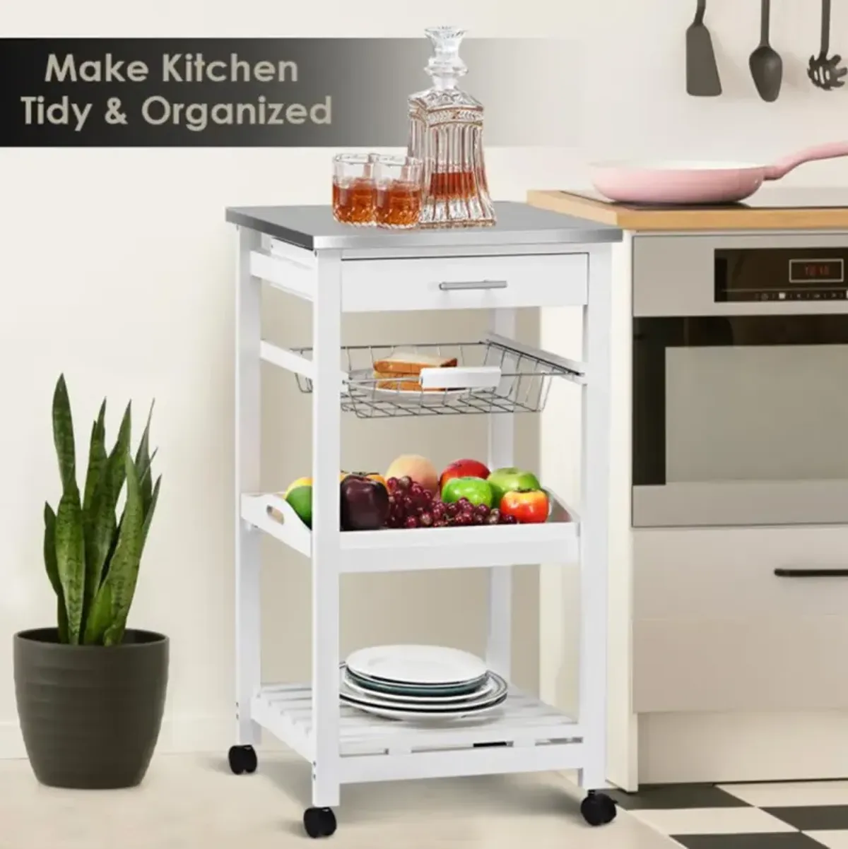 Hivvago Kitchen Island Cart with Stainless Steel Tabletop and Basket-White