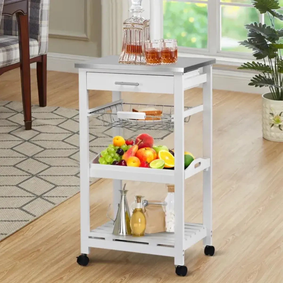 Hivvago Kitchen Island Cart with Stainless Steel Tabletop and Basket-White